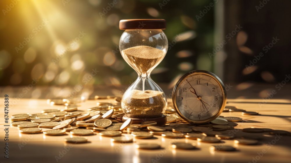 Golden coins and hour glass sand clock. Time is money concept. - obrazy, fototapety, plakaty 
