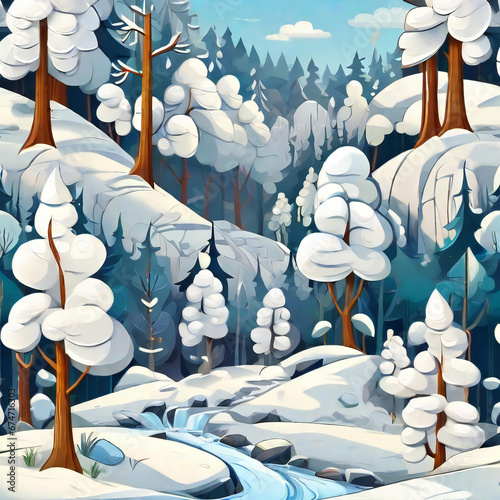 Whimsical snowy forest in cartoon style unfolds with cute snow covered trees