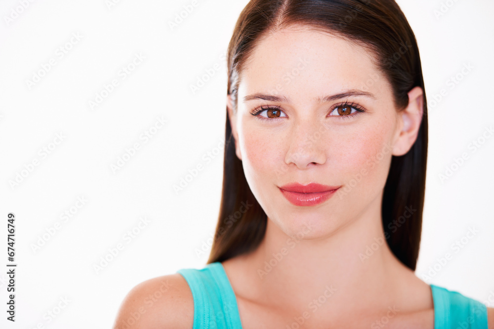 Happy, beauty and portrait of woman on a white background with confidence, cosmetics and pride. Health, skincare and face of isolated person with positive attitude, attractive and joy in studio Happy, beauty and portrait of woman on a white background with confidence, cosmetics and pride. Health, skincare and face of isolated person with positive attitude, attractive and joy in studio