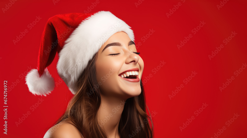 Joyful woman wearing a Santa hat, laughing against a vibrant red background, embodying the festive spirit of Christmas. Joyful woman wearing a Santa hat, laughing against a vibrant red background, embodying the festive spirit of Christmas.