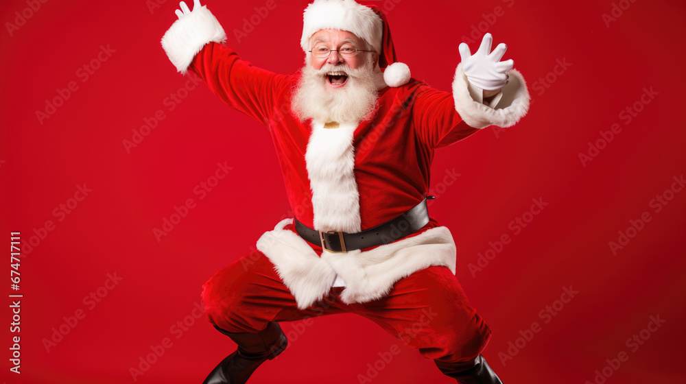 A person dressed as Santa Claus, exuberantly jumping with arms outstretched and a beaming smile, wearing the traditional red and white suit, against a festive red background.