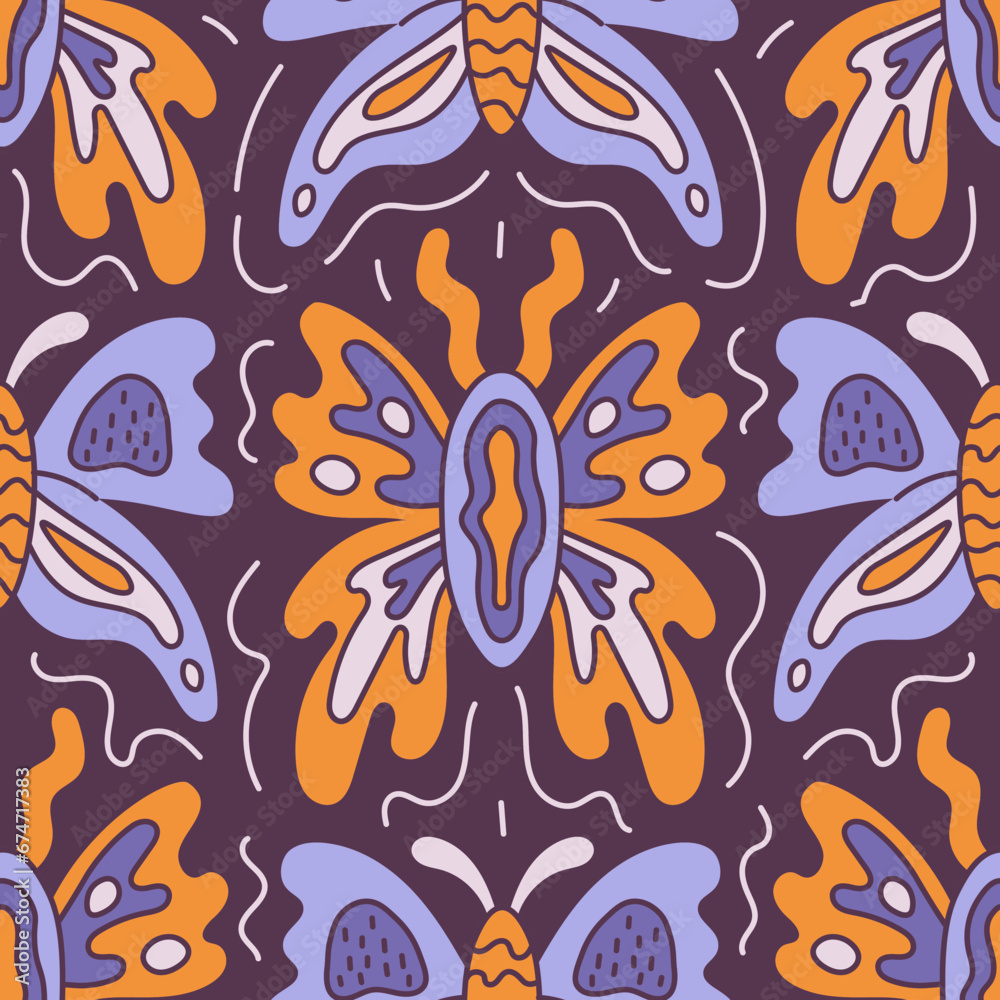 Psychedelic groovy seamless pattern with butterfly. Trendy colorful endless background with bright moth. Repeat vector illustration with wavy melting nature shapes for fabric, textile