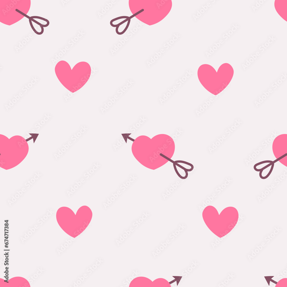 Pink hearts and arrows seamless pattern. Simple hand drawn endless background with love symbols. Greeting card, valentine's day, fabric, textile, wallpaper design