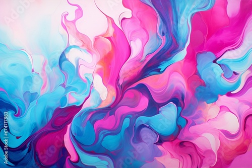 A vibrant swirl of cerulean and magenta paints blending seamlessly on a canvas, creating a mesmerizing abstract pattern.