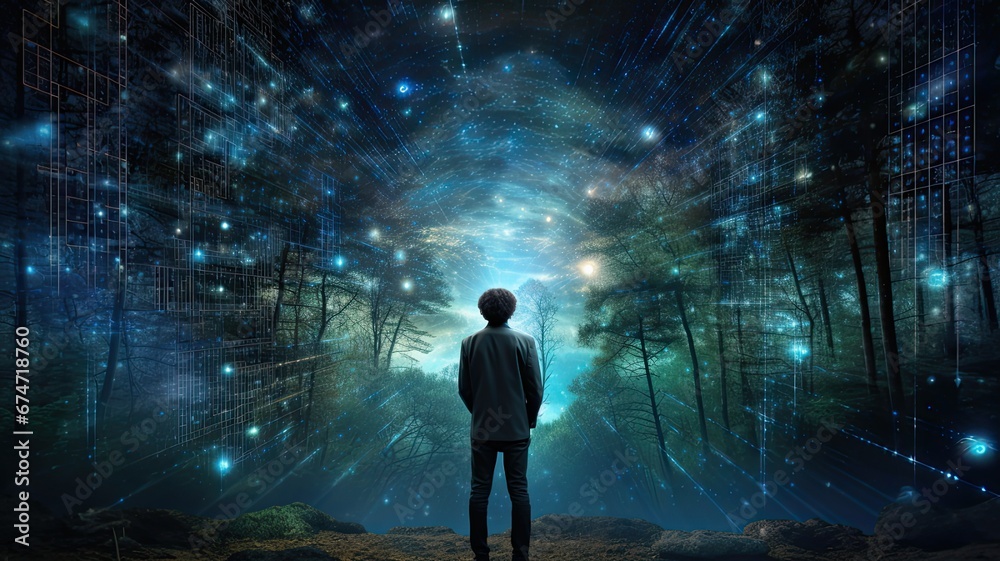 A person questioning the nature of reality while looking at the code of a simulated universe, emphasizing the philosophical aspect of simulation theory A person questioning the nature of reality while looking at the code of a simulated universe, emphasizing the philosophical aspect of simulation theory