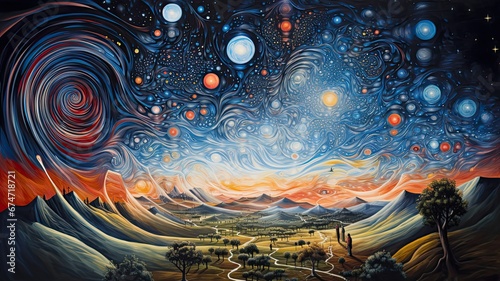 A depiction of a string theorist's exploration through a vast landscape of possible universes, illustrating the diversity of string theory predictions