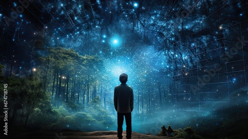 A person questioning the nature of reality while looking at the code of a simulated universe, emphasizing the philosophical aspect of simulation theory