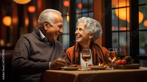 An elderly couple shares a heartfelt moment over dinner  laughing and connecting amidst the warm ambiance of a candlelit restaurant.