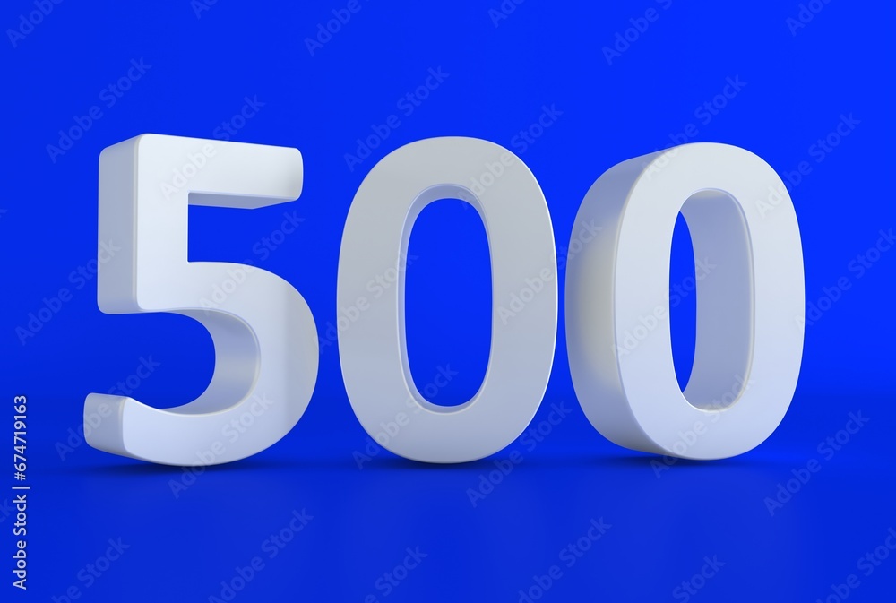 Number 500 in white on light blue background, isolated number. Five hundred 3D word number. Number 500 in white on light blue background, isolated number. Five hundred 3D word number.
