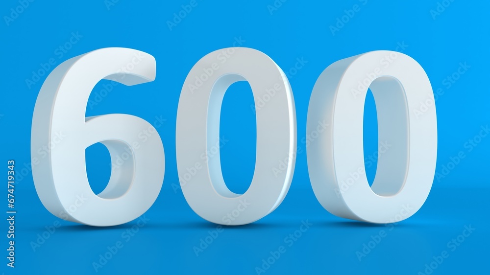 Number 600 in white on light blue background, isolated number. Six hundred 3D word number. Number 600 in white on light blue background, isolated number. Six hundred 3D word number.
