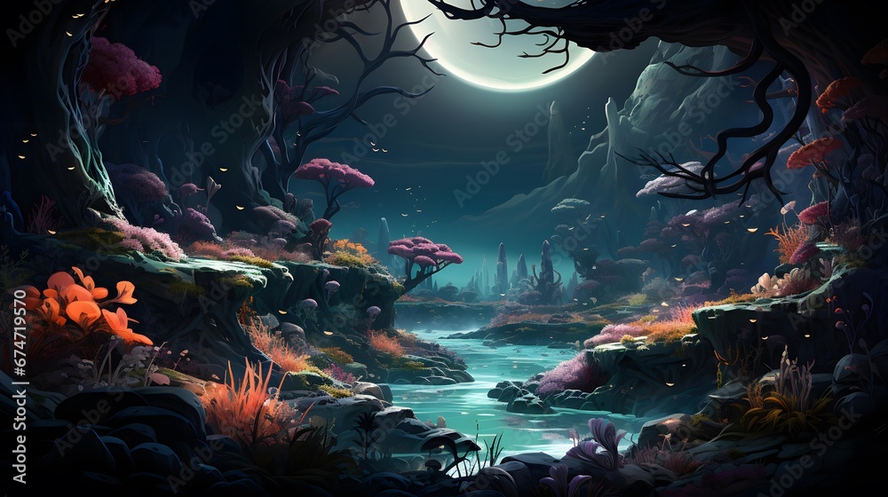 Fantasy landscape with a full moon and a river in the night