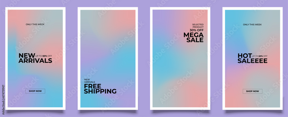 Instagram story template. Beautiful modern art poster cover design. Invitation, greeting card or post template with gradient. Wavy purple gradient layout wallpaper set. Ep 10