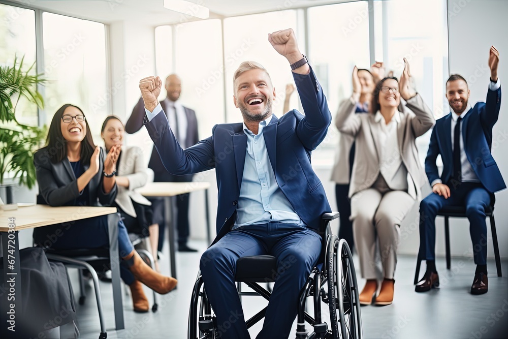 Middle-aged contented and successful people with disabilities serve as