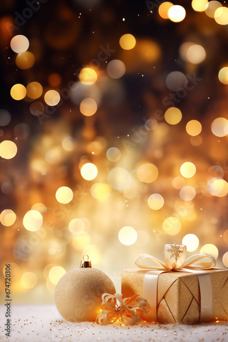 Glänzende goldene Weihnachtsornamente im zarten Schneeglanz