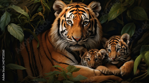 A protective tigress nurturing her cubs  a tender moment in the wild Ai Generative
