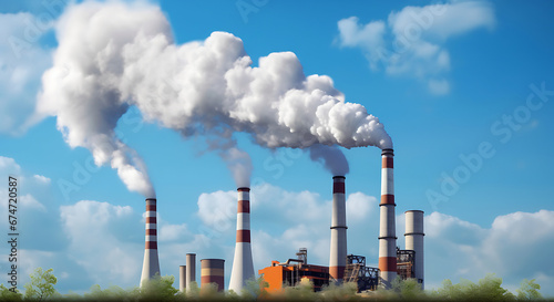 Factory with smoke coming out of exhaust chimney on blue sky background.
Carbon trading & climate change concept.
Atmospheric pollution concept. photo