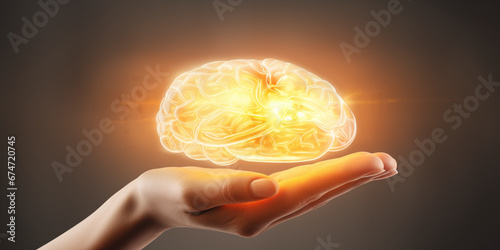 Hand of Person Holding Glowing Illumination Brain Neuro in Warm White, Brilliant Idea Smart Concept