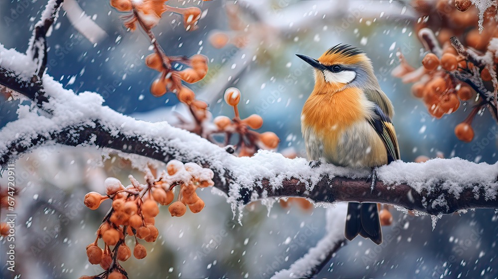A juxtaposition of a bird of paradise amidst a frosty, unexpected snowfall Ai Generative A juxtaposition of a bird of paradise amidst a frosty, unexpected snowfall Ai Generative