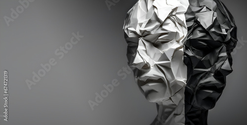 A man's head in black and white. bifurcation, debasement, evaporation, multiplicity of thought . banner. Bipolarity. Bipolar disorder.