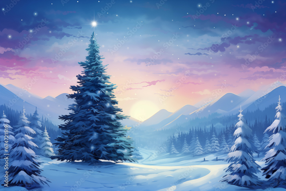 Reine Schneelandschaft mit einem beleuchteten Weihnachtsbaum Reine Schneelandschaft mit einem beleuchteten Weihnachtsbaum