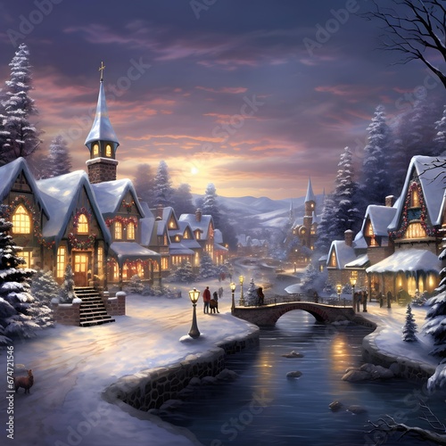 Digital painting of a winter night in Bavaria, Germany, with a bridge over the river photo