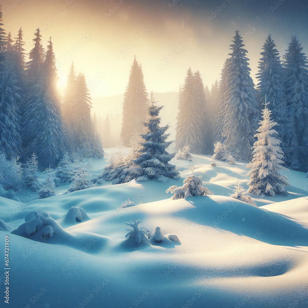 Snow laden pines in the picturesque scenery of a snow draped forest