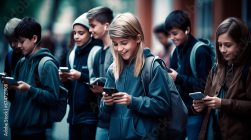 Children standing near school, using smartphones to surf browsing internet, play online games and watch videos, concept of mobile addiction photo