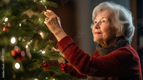 Happy senior woman decorate the Christmas tree