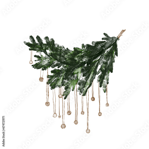 Bright watercolor Merry Christmas set of traditional decor and elements plants. Hygge cozy holidays 2024. Merry christmas card. 