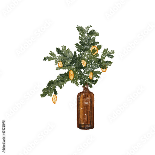 Bright watercolor Merry Christmas set of traditional decor and elements plants. Hygge cozy holidays 2024. Merry christmas card. 