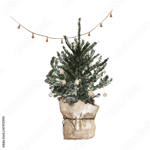 Bright watercolor Merry Christmas set of traditional decor and elements plants. Hygge cozy holidays 2024. Merry christmas card. 