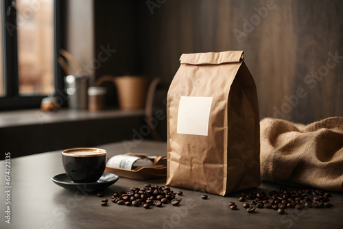 Kraft paper bag with copy space and a cup of coffee on a wooden table. Mockup for your design. photo created using Leonardo AI platform. photo