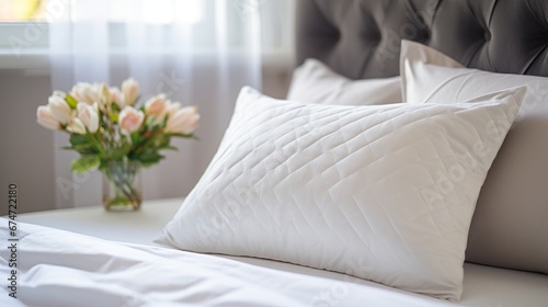 Close-up of pillows on bed in hotel room Home decor and interior design, bed with white bedding in luxury bedroom, bed linen laundry service and furniture details