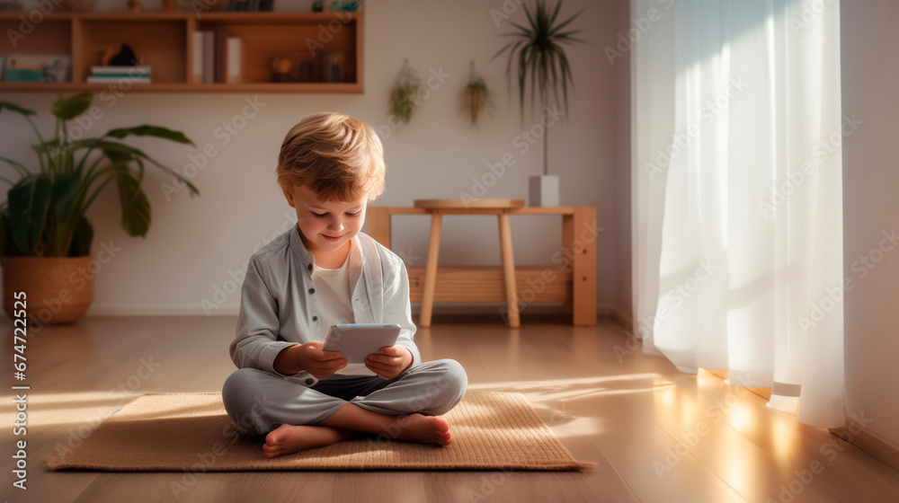 Little light haired kid boy wearing home pajamas, sitting in cozy living room on carpet, using tablet for games and smiling Little light haired kid boy wearing home pajamas, sitting in cozy living room on carpet, using tablet for games and smiling