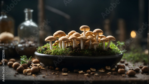 Glowing mushroom lamps with fireflies in magical forest. photo created using Leonardo AI platform