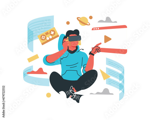 Young man in virtual reality glasses. Vector digital native illustration concept