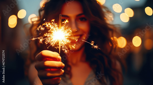 A joyful woman holding a lit sparkler, her smile illuminated by its glow, with a backdrop of bokeh city lights in the evening. photo