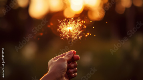 A hand holding a brightly lit sparkler at dusk, with a backdrop of warm bokeh lights from a city street.