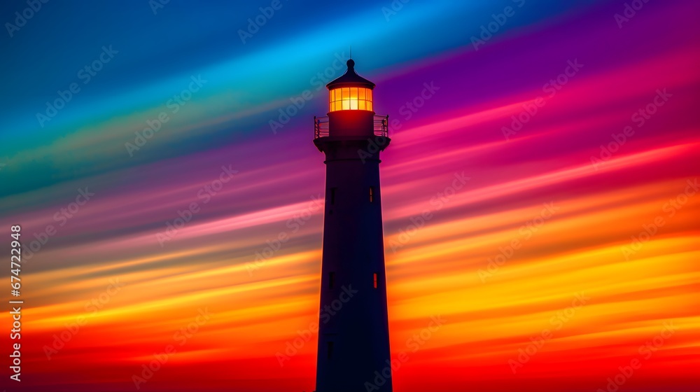 Lighthouse at sunset, panoramic view, long exposure.