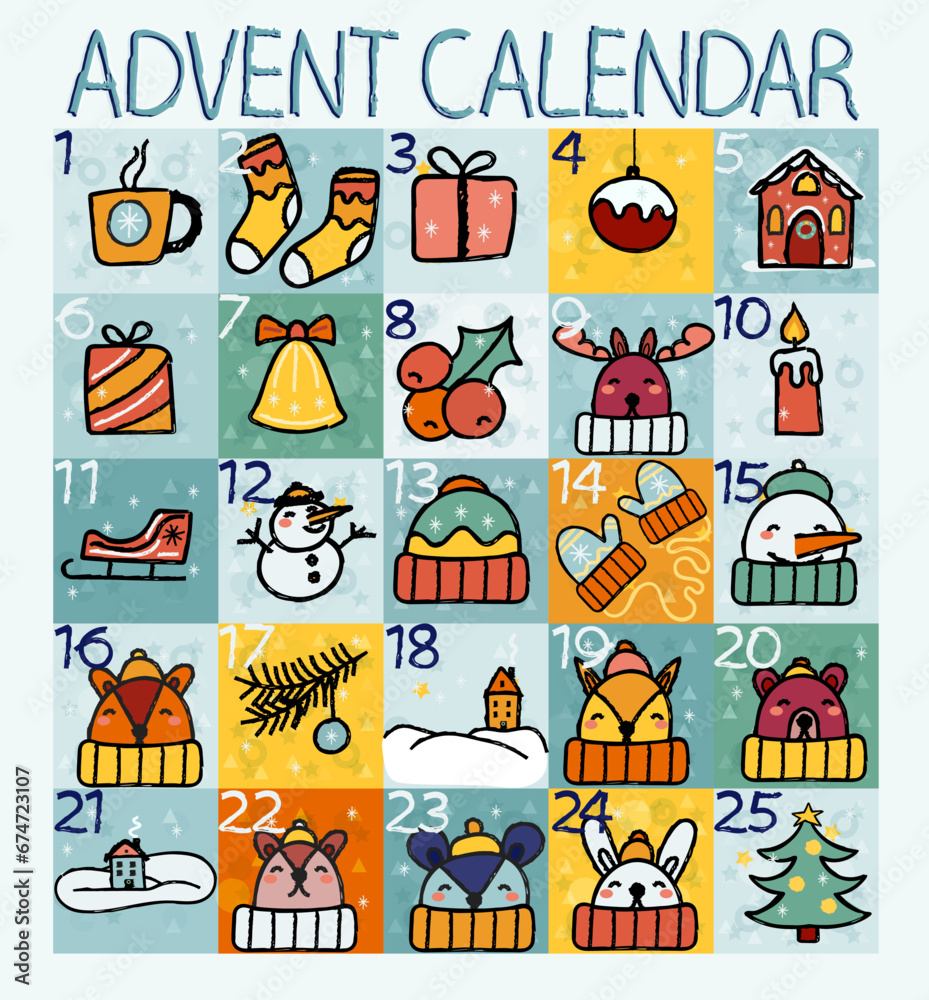 advent calendar doodle with animals vector background