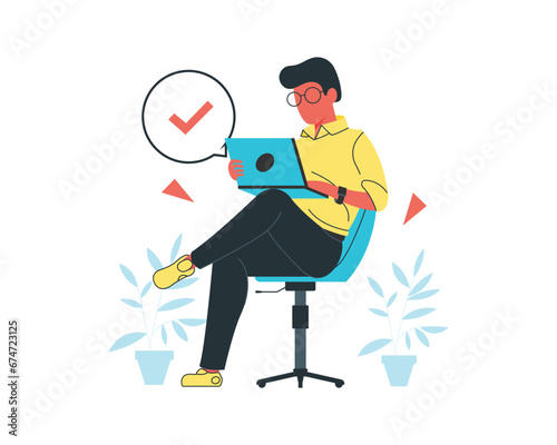 Young man sitting on chair and using laptop computer. Flat vector illustration.