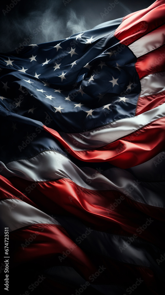 Patriotic composition featuring American flag on dark background, symbol of United States, copy space content, celebrating Independence Day