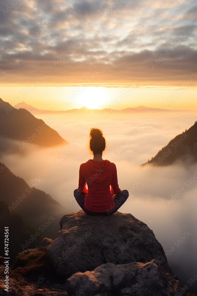 Woman sits yoga on a rock, mountains, sea of ​​clouds, at sunrise in the morning.