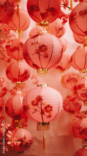 Chinese New Year lanterns on a red background. Festive atmosphere of the Chinese New Year