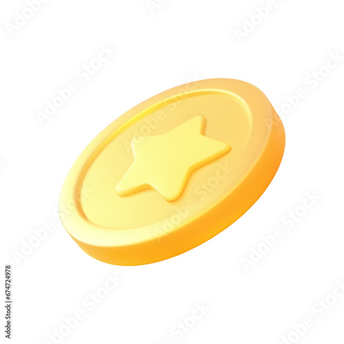 Metallic yellow coin golden cash money flying currency token star 3d icon realistic vector