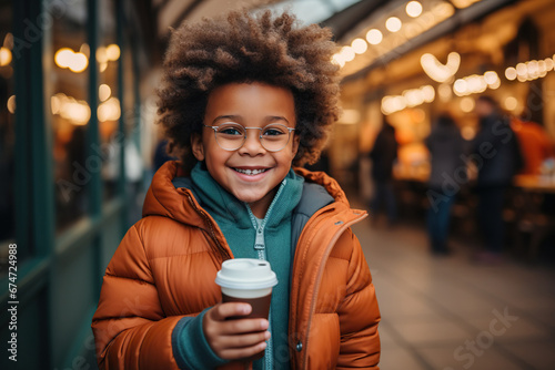 Happy little African American boy in eyeglasses with hot drink in city
