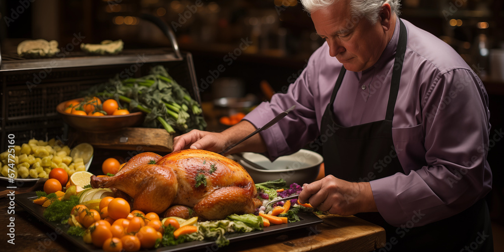Älterer Mann bereitet leckeres Essen zu Thanksgiving mit schöner Dekoration im Querformat für Banner, ai generativ - obrazy, fototapety, plakaty 
