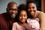 Portrait happy African American family holding piggy bank, looking at camera