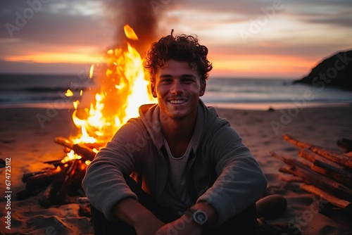 Happy young man sitting by the bonfire on the beach at sunset photo