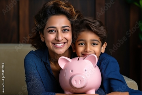 Head shot portrait of smiling Indian mother with 7s Caucasian son holding pink piggy bank, hugging and sitting on couch, happy family saving money for future photo